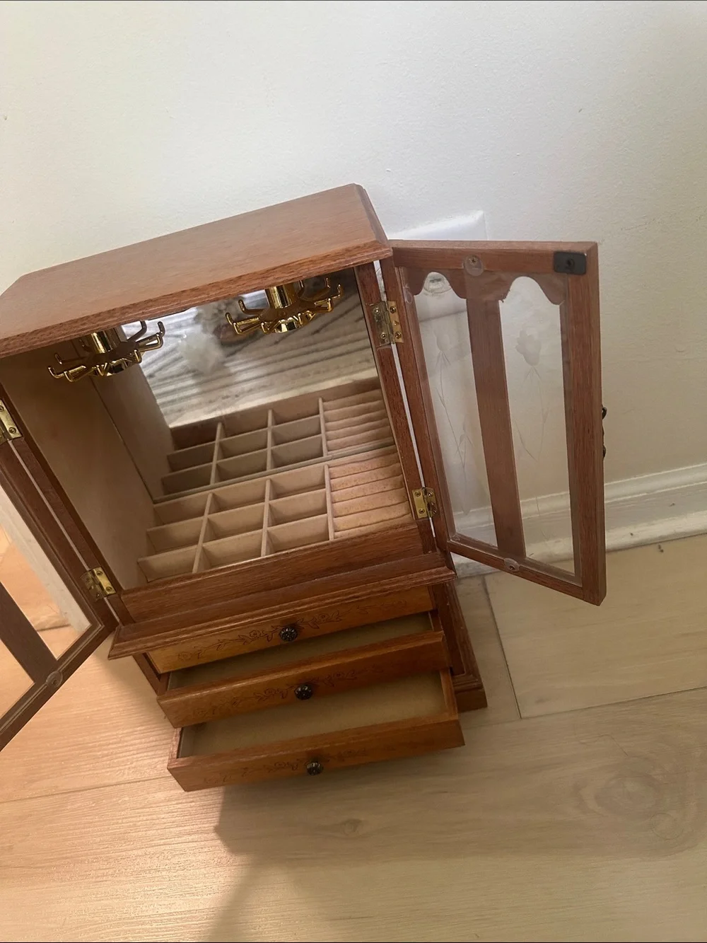Classic Wooden Jewelry Armoire Organizer in Light Brown